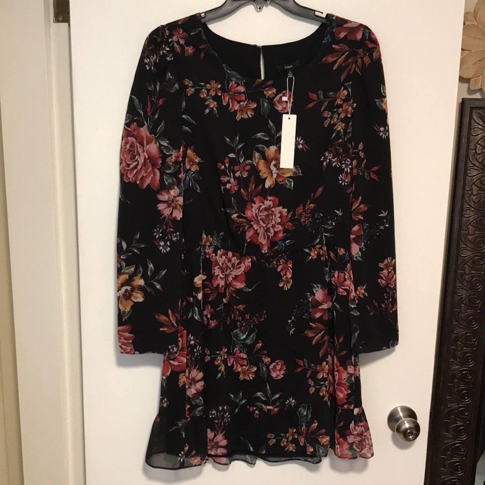 Drew Women's Size M Mini Dress Black Floral Long‎ Sleeve Made in USA NWT